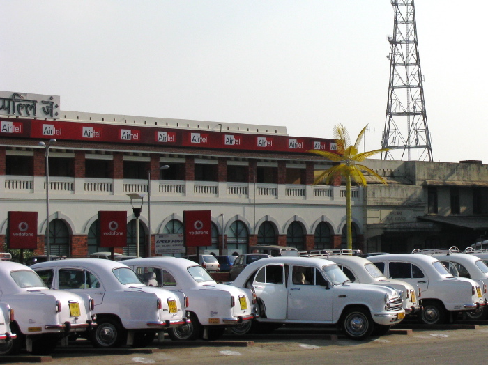 Line of Ambassador cars in front of Trichy Railway Station