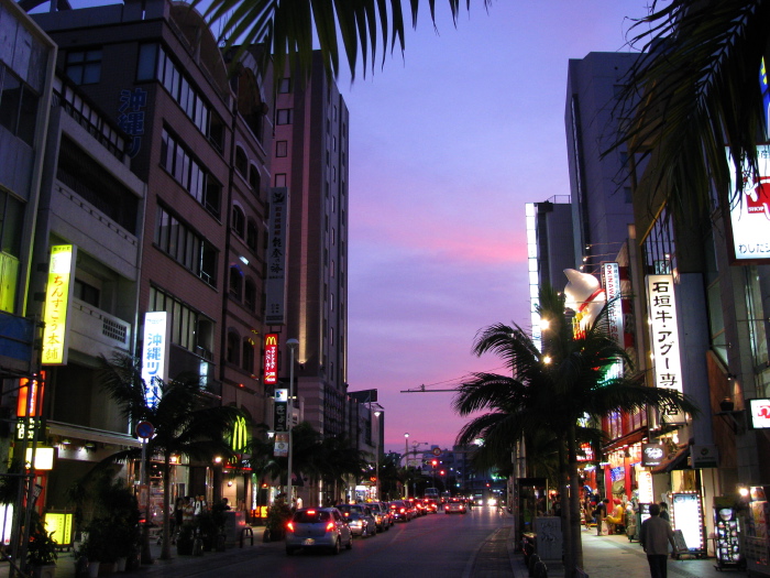 Kokusai-dori, the city main street, at sunset